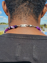 Brync Purple Amethyst striped white Men Women Beaded necklace logo nameplate