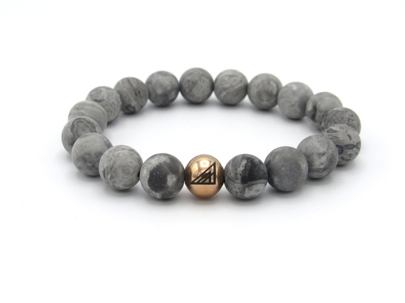Brync Grey White Jasper Rose Gold Men Women Beaded Bracelet